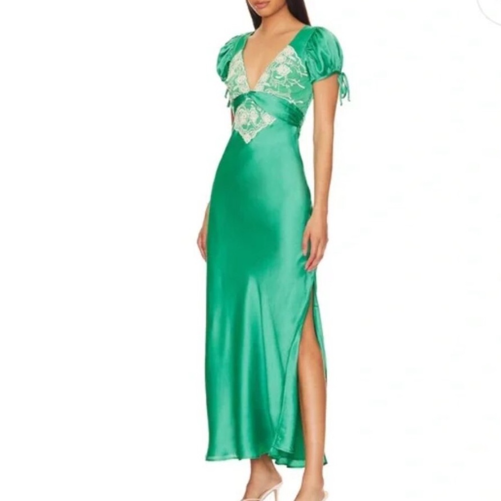 🆕Free People Green Satin Dress with Embroidered Details
